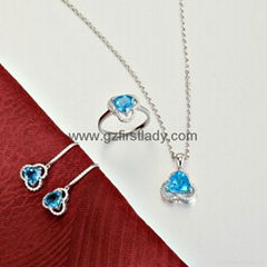 Solid 18K White Gold 100% Natural Diamond & Topaz Pendant Jewelry Set