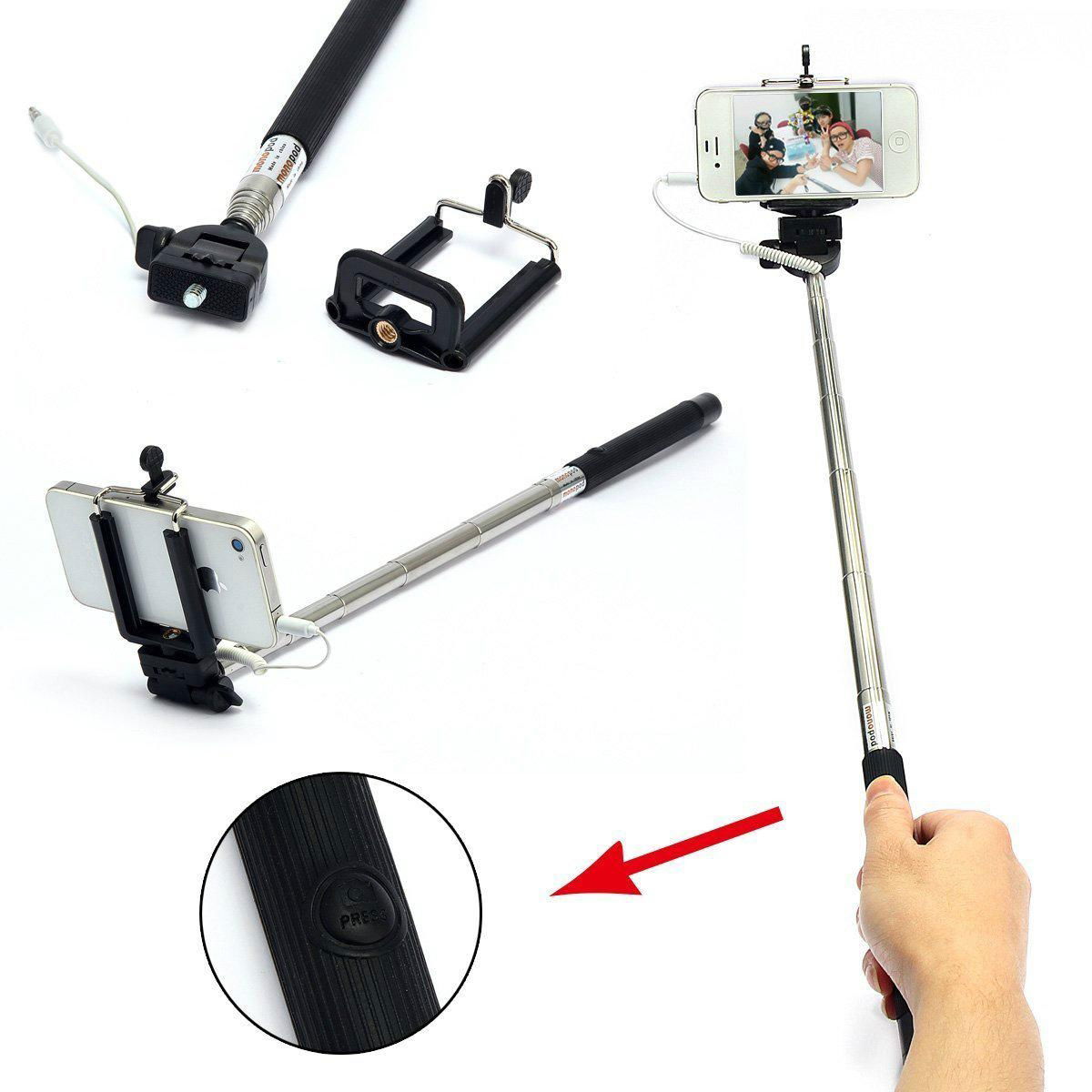 Extendable Wired Self Selfie Stick Handheld Monopod+Clip Holder Camera Remote Co 5