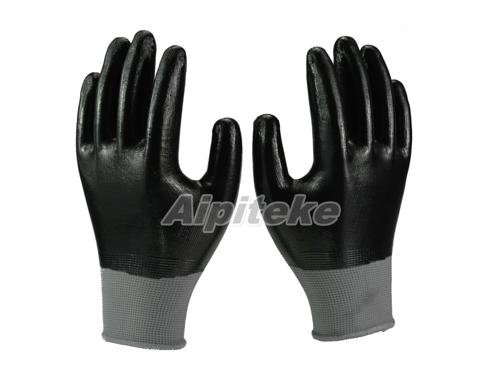 Black polyester shell with black full coated smooth nitrile knit wrist gloves