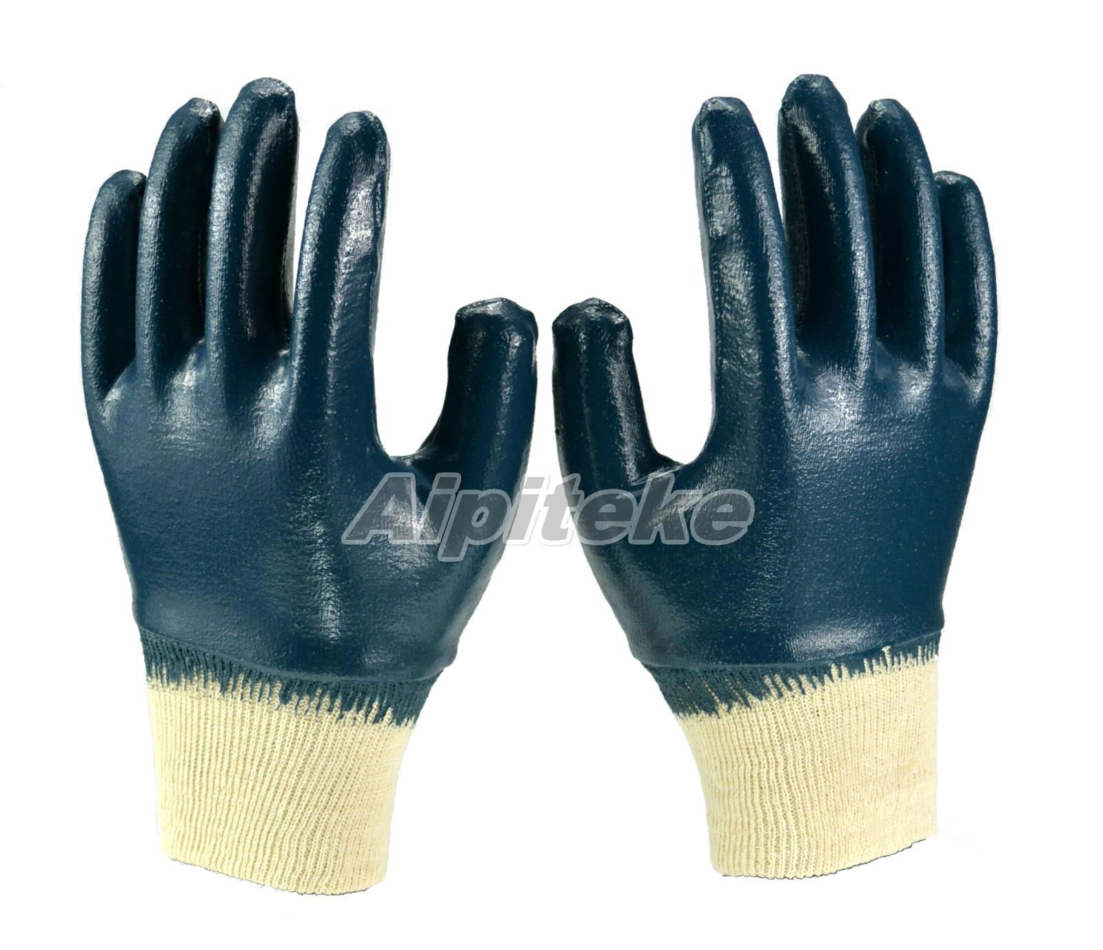 Fully Dipping Blue Nitrile Gloves Interlock Lining With KnitWrist