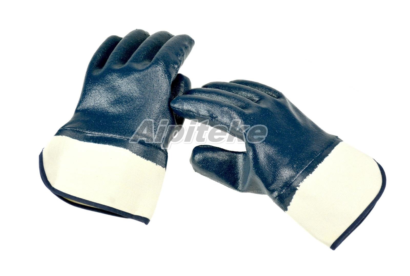 Cotton Interlock Liner Nitrile Fully Dip Gloves with Open Safety Cuff