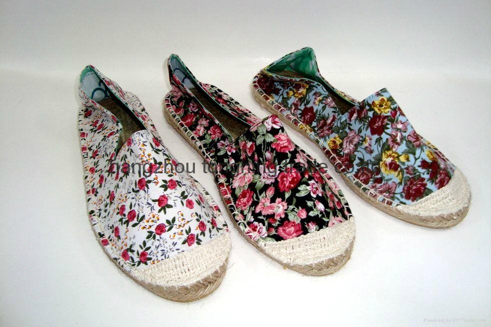 women's floral fabric street shoes flat jute sole espadrille shoes 