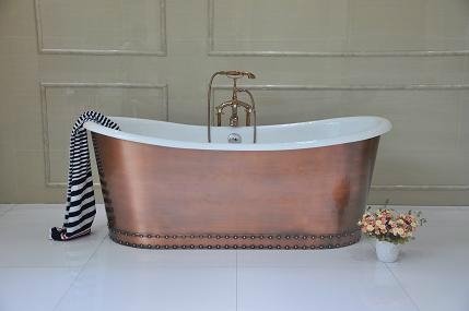 Cast Iron Continuous Rolled Rim Bathtub With Brushed Copper Wrapped 