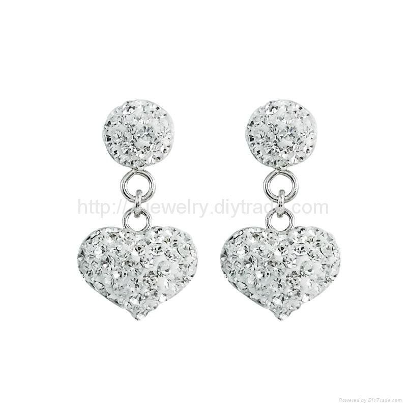heart shaped 925 silver drop earrings with czech rhinestone decorated