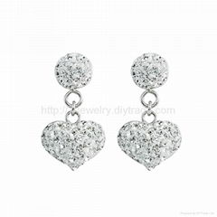 heart shaped 925 silver drop earrings with czech rhinestone decorated