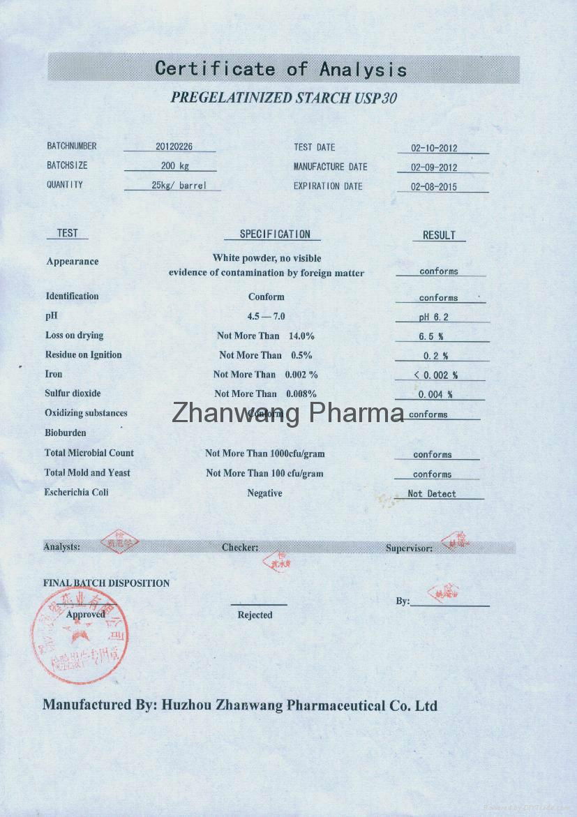 Pregelatinized Starch (PS)  starch 1500