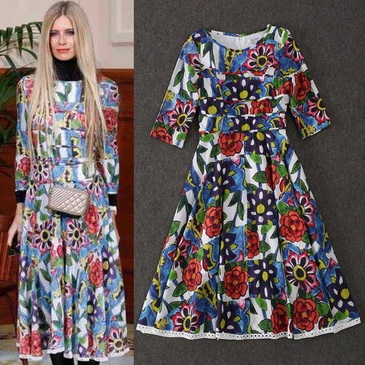 2015 Womens Clothing Mid Sleeve Printed Casual Dresses Wholesale Drop Shipping 