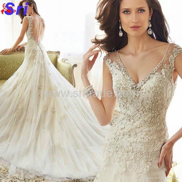 Dreamy Design 2015 Wedding Dresses Lace Mermaid Bridal Gowns V Neck Tank See Thr