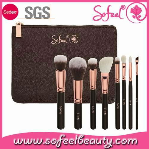 8pcs rose gold makeup brush set with leather pouch bag 