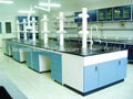 laboratory bench with reagent shelf