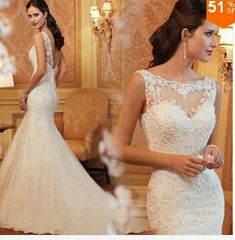 2015 Hot Sale Lace Mermaid Wedding Dress Sexy Bridal Gown Custom Size 2-4-6-8-10