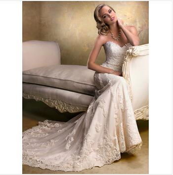 2015 New Style Ivory white Long Tulle Strapless Applique Mermaid Trumpet Bridal  2