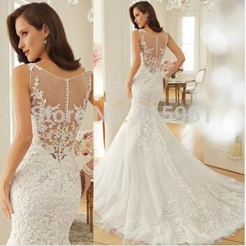 Dreamy Design 2015 Wedding Dresses Lace Mermaid Bridal Gowns Scoop Tank See Thro