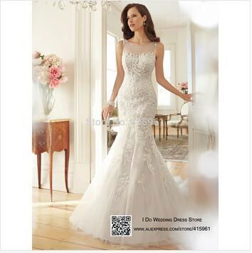 Dreamy Design 2015 Wedding Dresses Lace Mermaid Bridal Gowns Scoop Tank See Thro 2