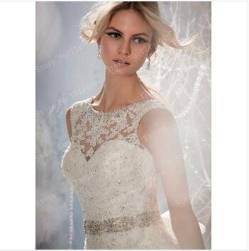 New Design A-line Sheer Neckline Embelished With Crystal Beads Tulle& Lace Weddi 4