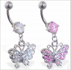 Butterfly Belly Button Ring with Pink and Purple Cubic Zirconia in Stainless Ste