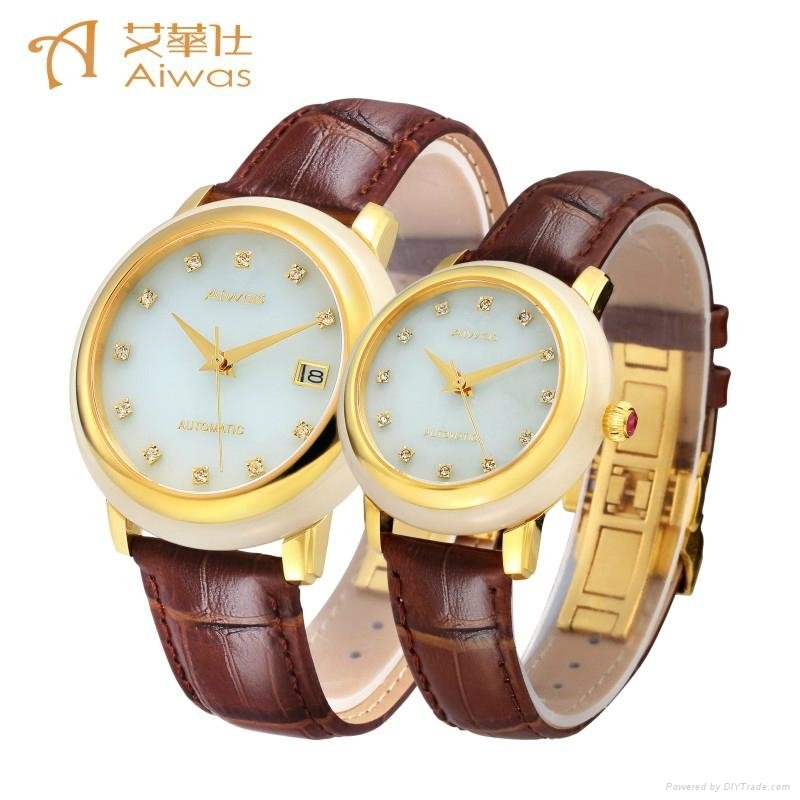 Lovers' Hetian white jade watches with automatic movement and diamonds