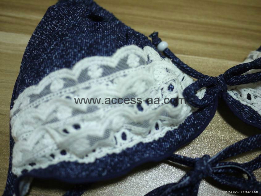 Hot Selling Ladies Bikini Denim Effect Fabric with Lace Decoration and Bows Swee 3