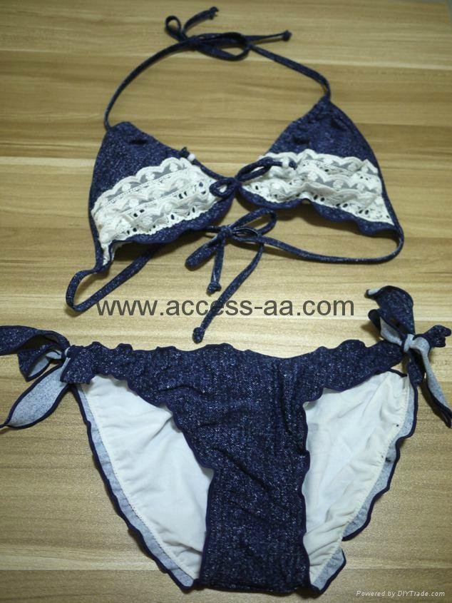 Hot Selling Ladies Bikini Denim Effect Fabric with Lace Decoration and Bows Swee