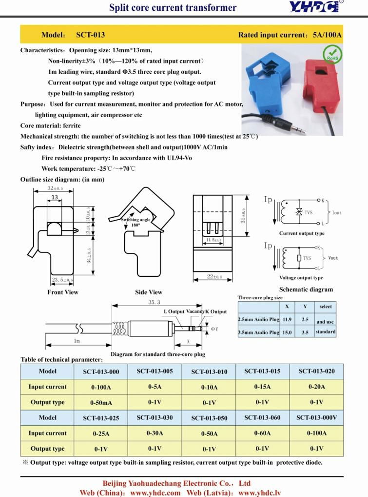 Split Core Current transformer AC Current Sensor SCT-013-000 100A:50mA 2