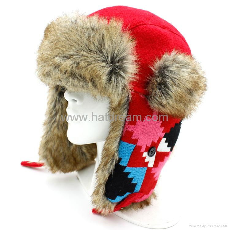 Earflap Russian Trooper Fur Ski Cap knitted winter warm hat bomber hat 