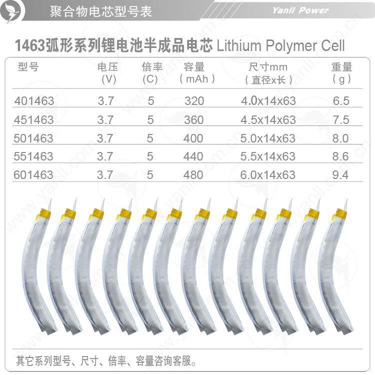 弧形聚合物鋰電池601463 3.7V 5C 480mAh 5