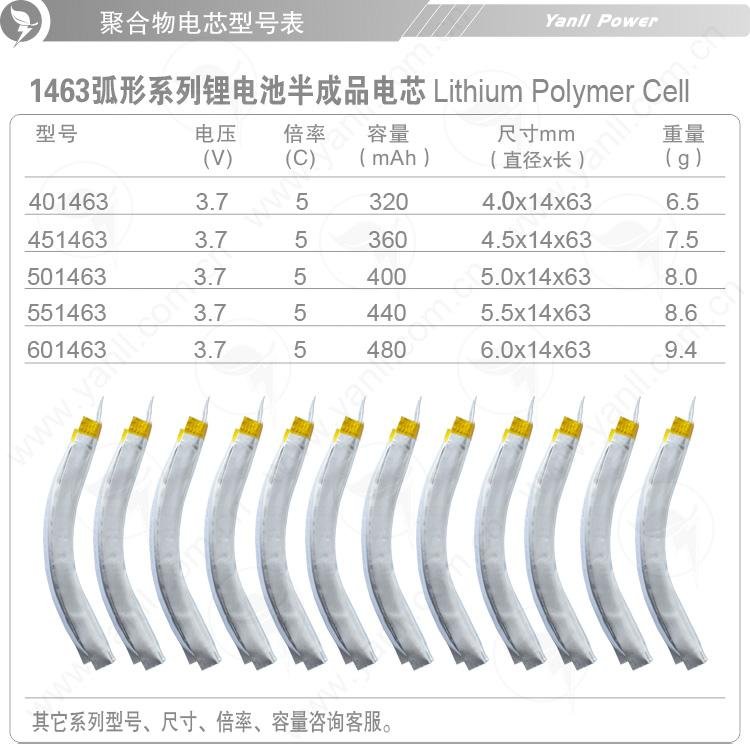 弧形聚合物锂电池601463 3.7V 5C 480mAh 5