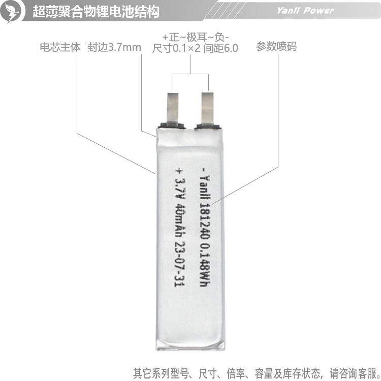 超薄超细微型锂电池181240 3.7V 40mAh 5