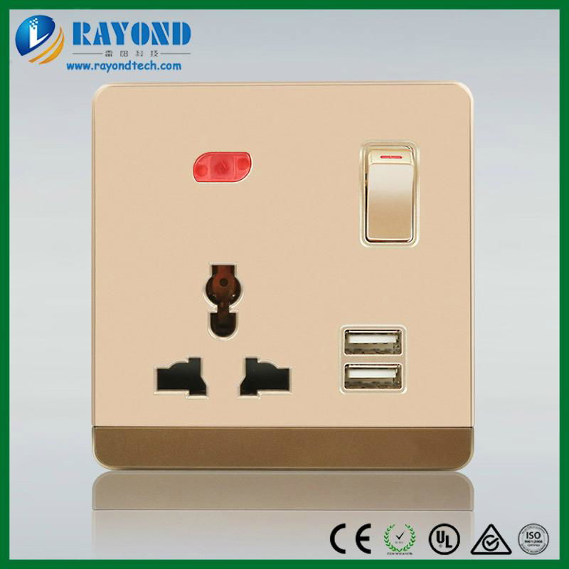 Golden Switched Multi-Standard Power Outlet with 5V/2100mA USB Charging Adapter