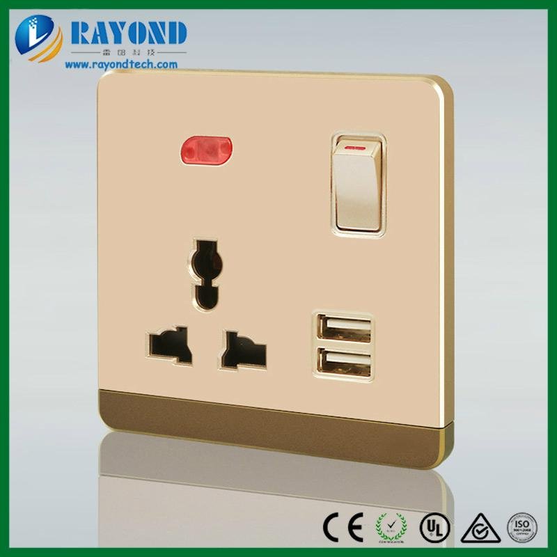 Golden Switched Multi-Standard Power Outlet with 5V/2100mA USB Charging Adapter 2