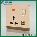 Golden Switched Multi-Standard Power Outlet with 5V/2100mA USB Charging Adapter 2