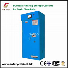 Ductless filtering storage cabinet for toxic flammable corrosive chemicals