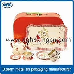 Metal tin tea set for kids toy, tea set with paper suitcase