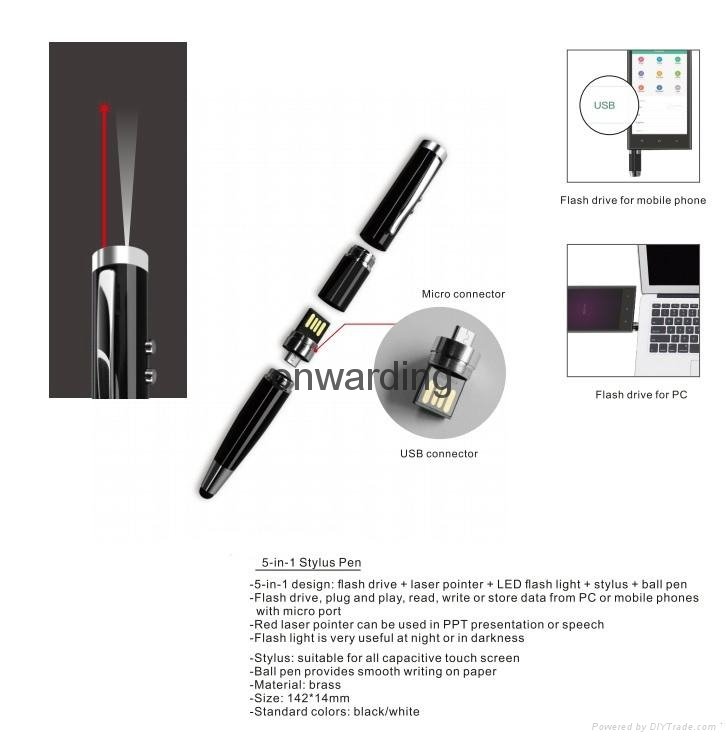 5-in-1 laser pointer LED torch light USB pen stylus pen with pocket clip  5