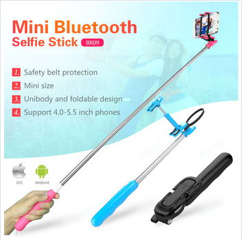 2015handheld extendable mini bluetooth selfie stick with remote for mobile phone
