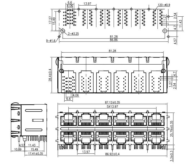 2x6 multi-port rj45 connector with Integrated Magnetics with 90 degree 2