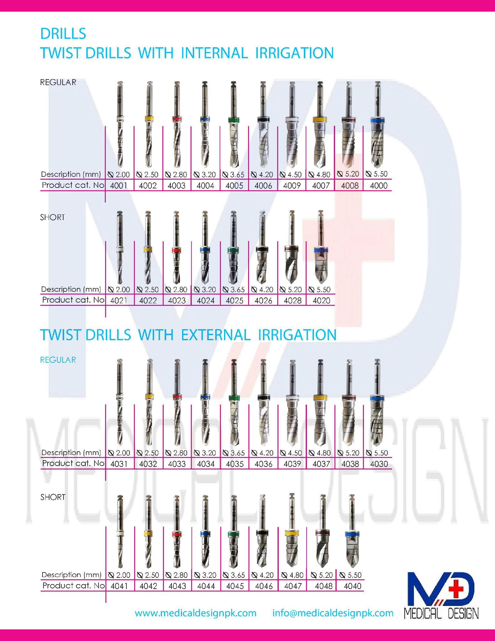 Dental Implants twist drills with internal Irrigation