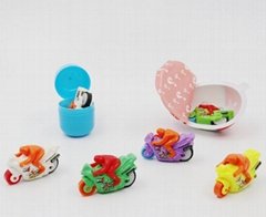 Cartoon plastic made capsule toy colourful slide motorcycle toy for surprise egg