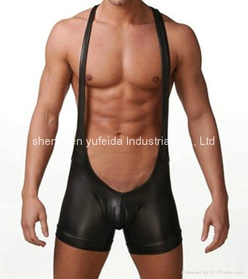 Sexy Gay Men's Underwear Bodysuit Boxer Shorts Leather Mankini Costume Underpant 2