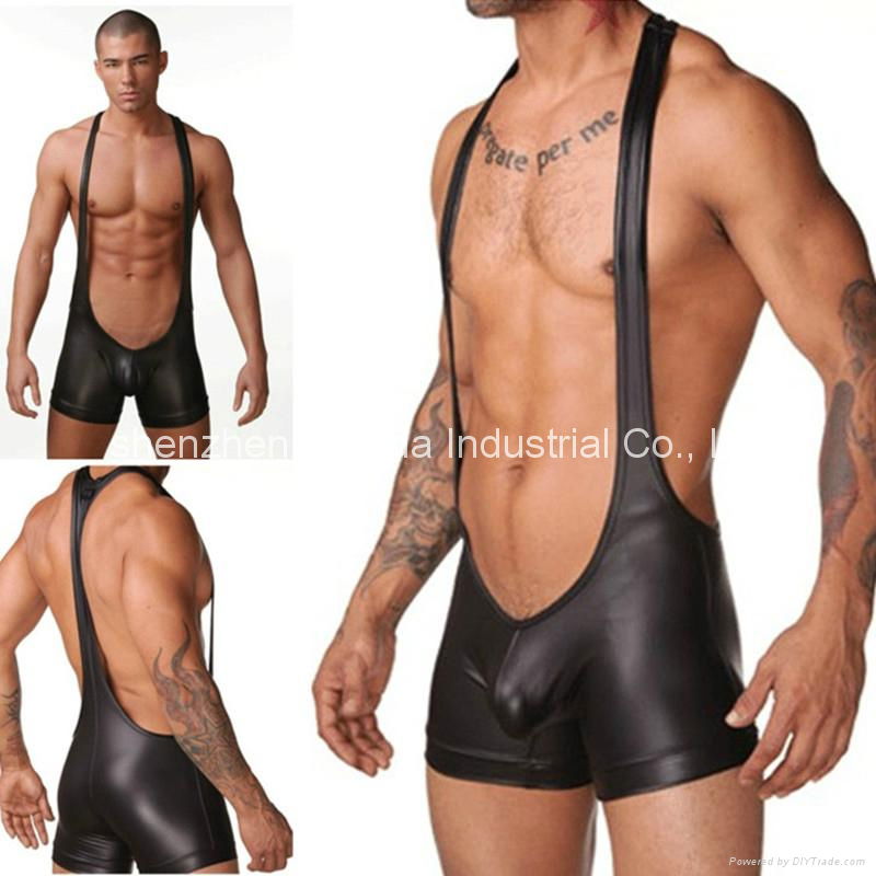Sexy Gay Men's Underwear Bodysuit Boxer Shorts Leather Mankini Costume Underpant