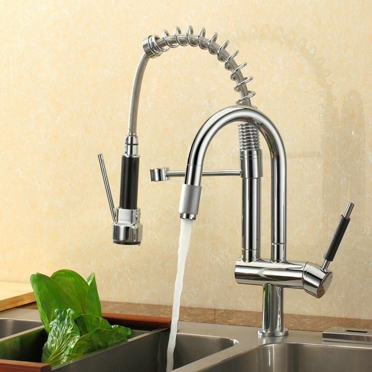 Contemporary Chrome Double Water Outlet Port High-Pressure Spring Faucet
