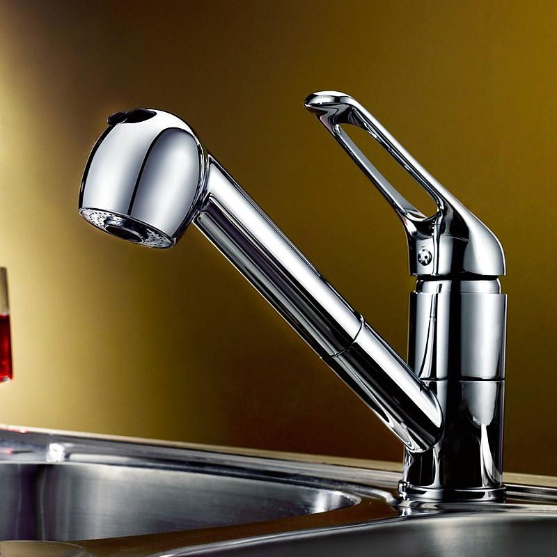 Solid Brass Pull Out Kitchen Faucet (Chrome Finish)
