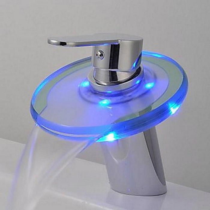 Single Handle Color Changing LED Waterfall Bathroom Sink Faucet with Glass Spout 2