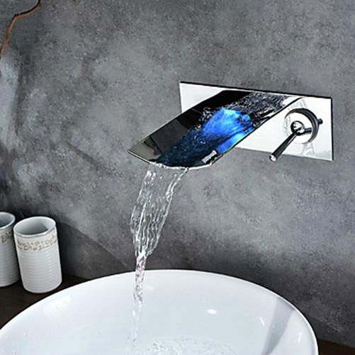 Bathroom Chrome Finish Wall Mounted LED Light Waterfall Basin Faucet