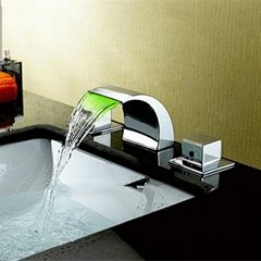 Color Changing LED Waterfall Chrome Finish Widespread Bathroom Sink Faucet