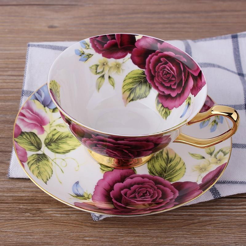 Hot Sale Gold Rim Bone China Gift Tea cup Set with Peony pattern 3