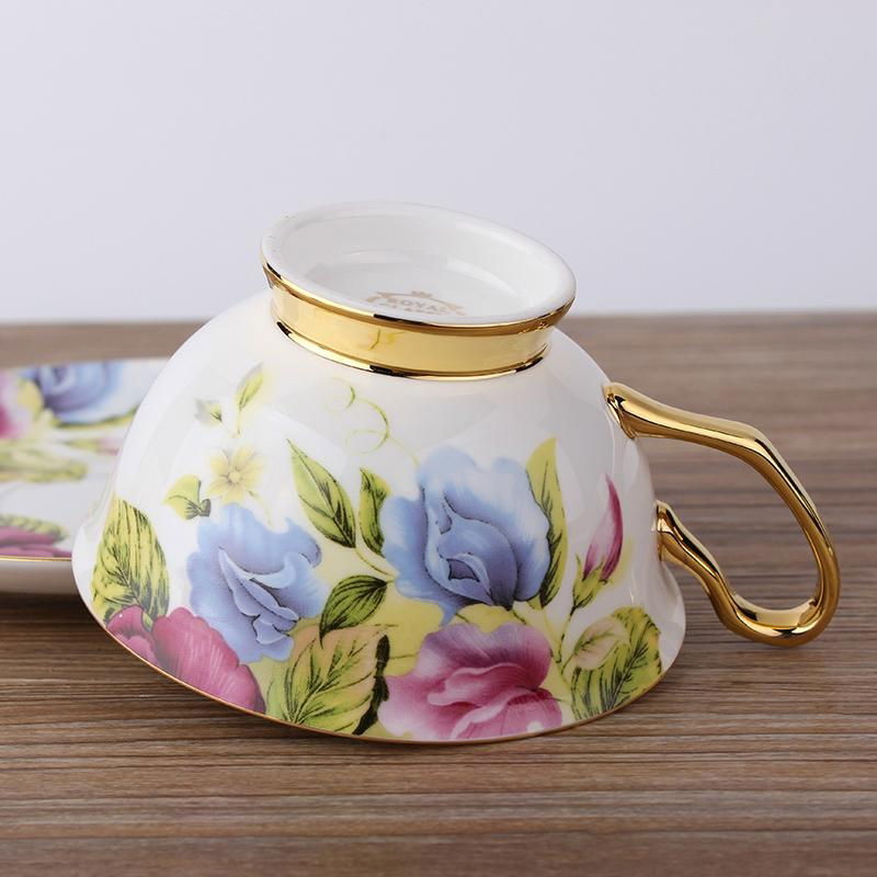 Hot Sale Gold Rim Bone China Gift Tea cup Set with Peony pattern 4