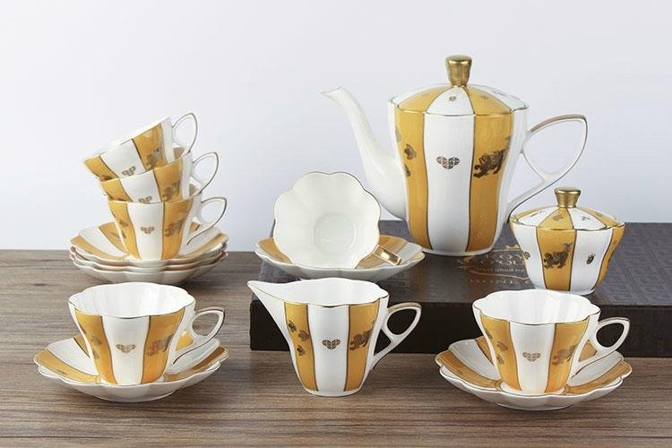 15PCS ceramic wholesale fine bone china yellow coffee set with gold rim 2