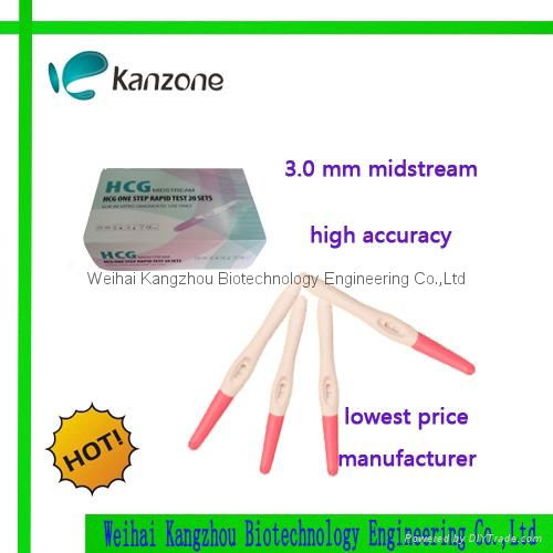 CE&ISo 13485 certified HCG pregnancy test midstream 3.0mm OEM 3