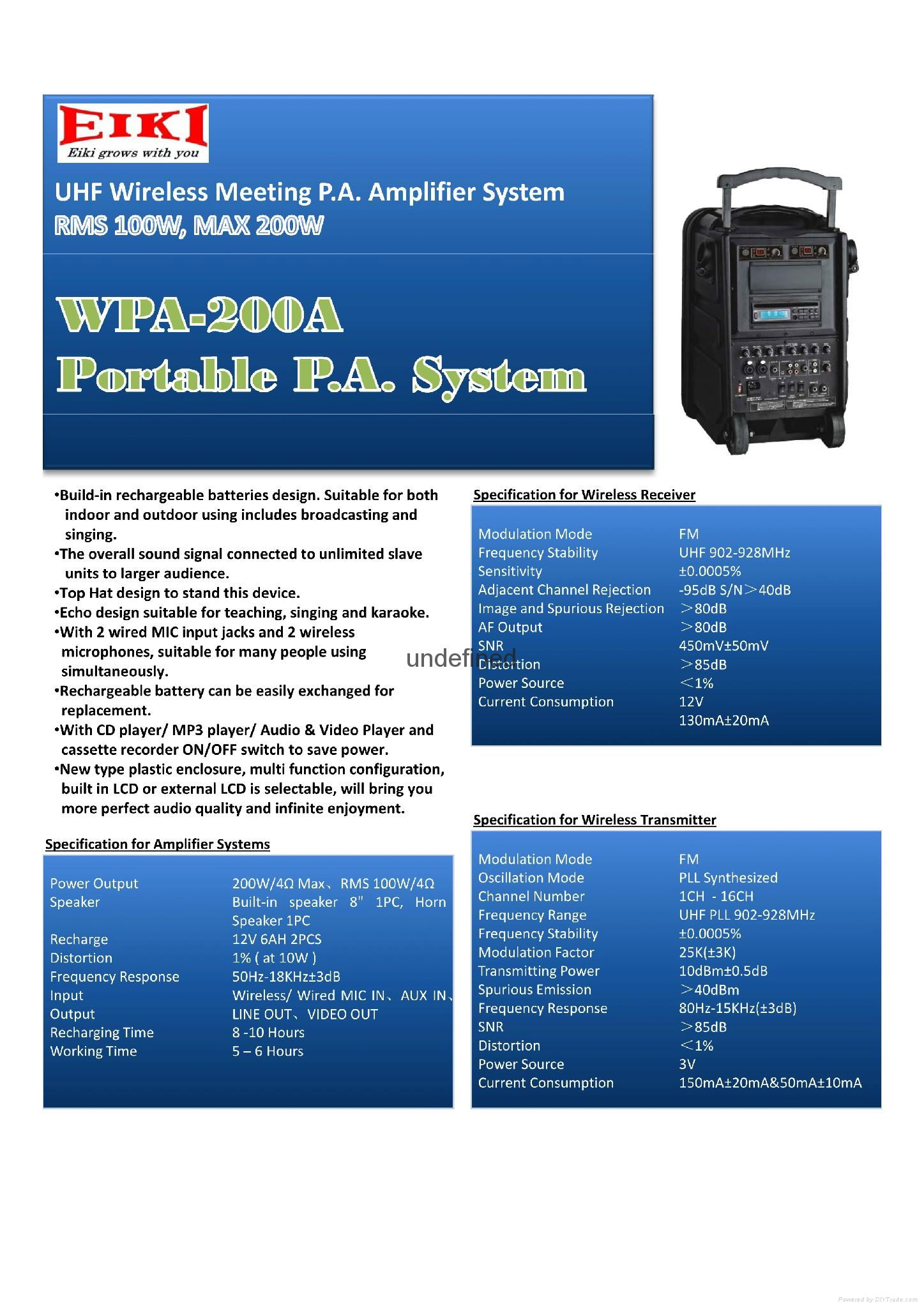 EIKI Portable PA System WPA-200 DVD,2 HADHELD 2